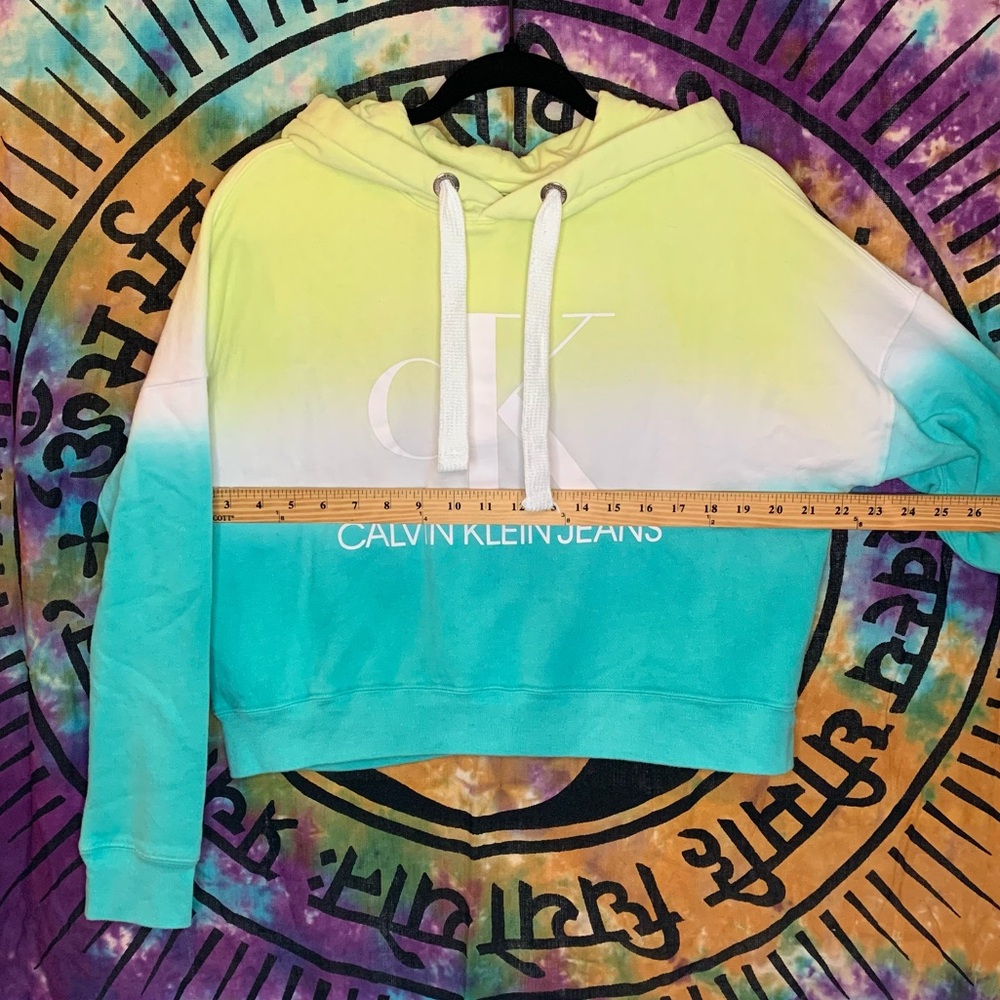 Calvin Klein Jeans Ombre Crop Hoodie 60% Cotton Size S Green/Teal/White - Picture 7 of 11